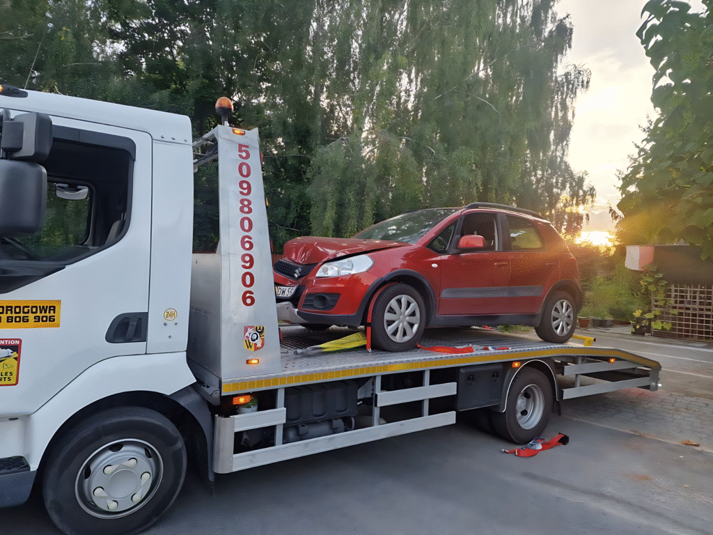 Wyciąganie pojazdów Wrocław Husarz - laweta wciąga auto z rowu